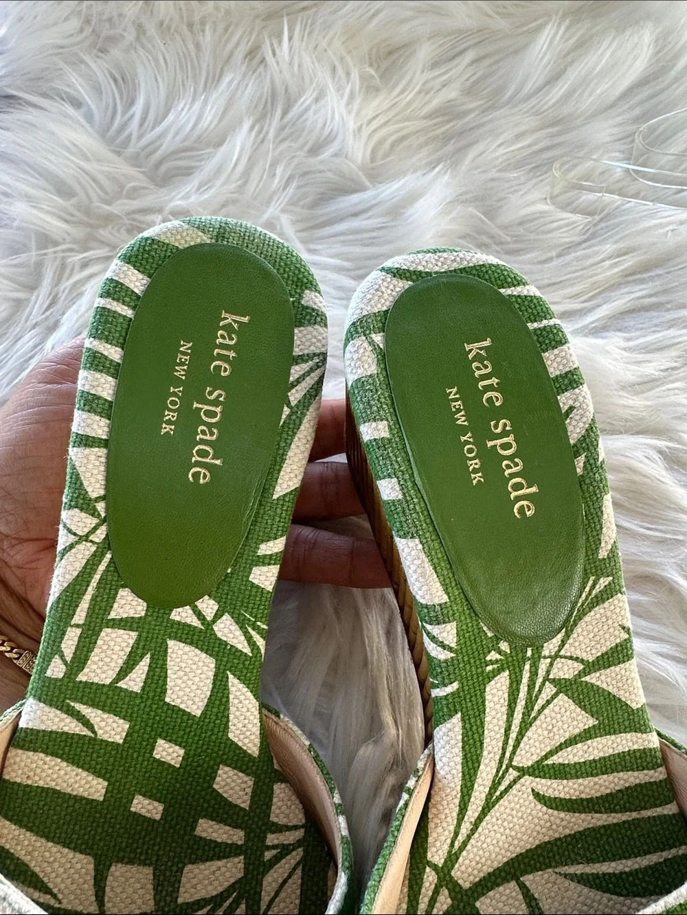 Kate Spade Meena Canvas Green Leaf Print Wedge Sandals